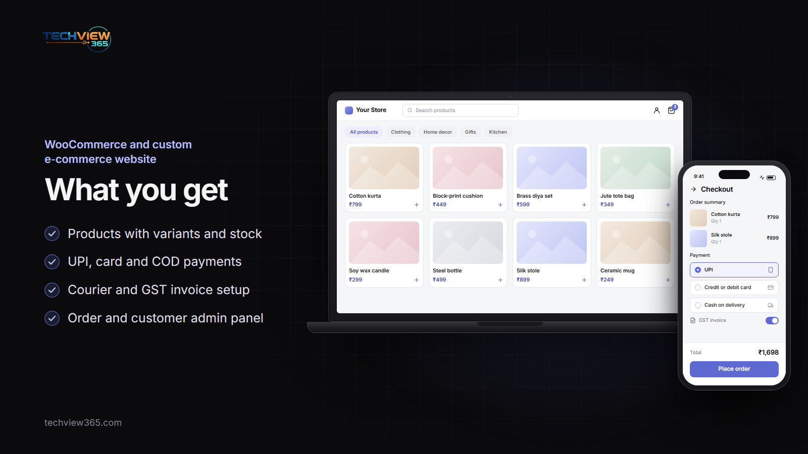 Laptop showing an online store product grid and a phone checkout with UPI, card and cash on delivery — WooCommerce and custom e-commerce website