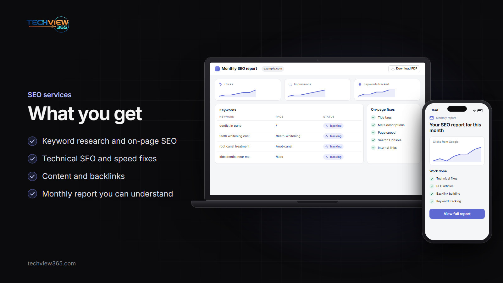 Laptop showing a monthly SEO report with keywords and on-page fixes, and a phone with the report summary — SEO services