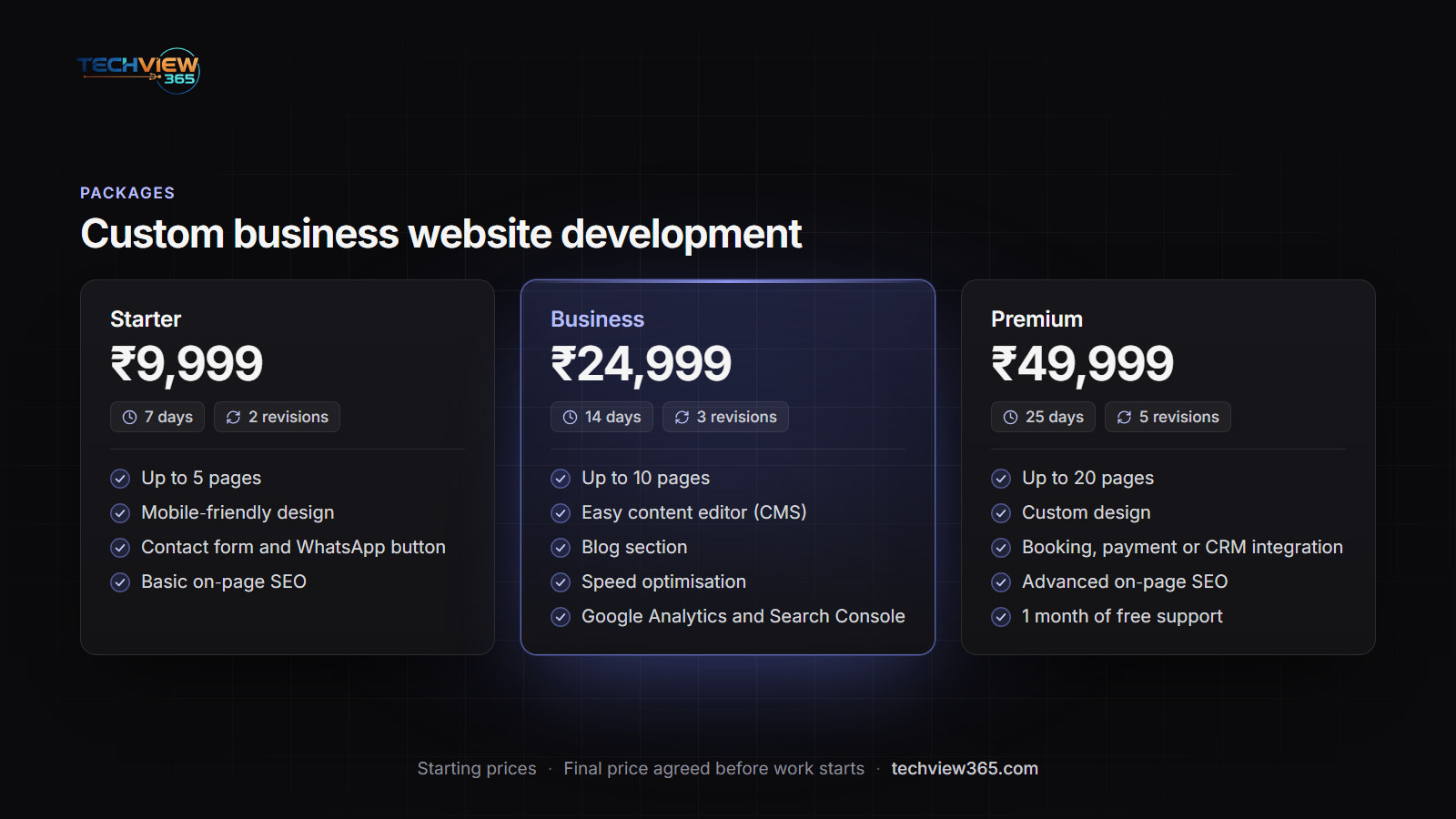 Starter, Business and Premium packages at ₹9,999, ₹24,999 and ₹49,999, with delivery times and features — Custom business website development