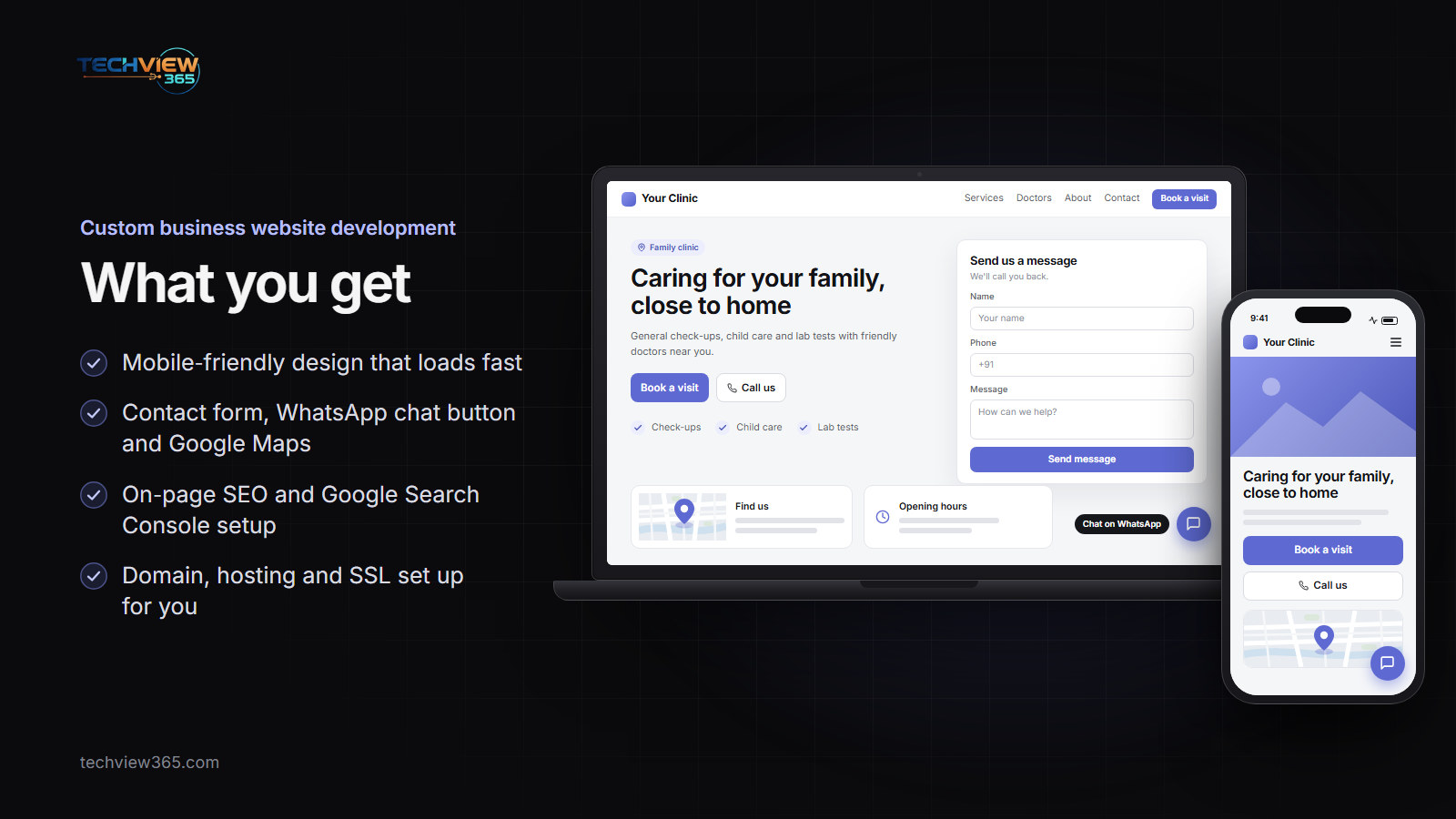Laptop and phone showing a clinic website with a contact form, map and WhatsApp chat button — Custom business website development
