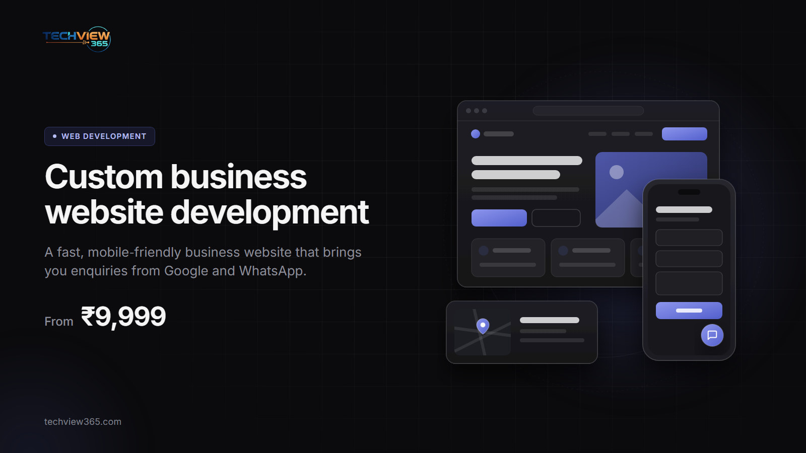 Illustration of a business website, a phone contact form with chat button and a map pin, from ₹9,999 — Custom business website development